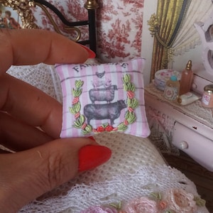 OOAK-Dollhouse Miniature Pillow Roses embroidered by hand. 1:12 Dollhouse Miniature pillow. Miniature hand embroidery cushions.