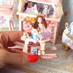 OOAK***Dollhouse romantic doll rocking horse. 1:12 Miniature dolls toys dollhouse collector.Mini knitted baby dress porcelan collector doll.