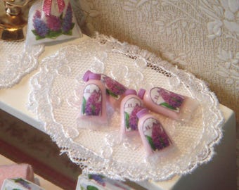 Dollhouse Lilac Blossom lotion creams . 1:12 Miniature bath complements for dollhouses. Perfumery dollhouse miniature.