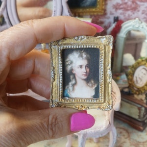 NEW**Dollhouse romantic french frame picture. 1:12 Miniature frame dollhouse print fabric picture. Decor miniature brocante style gold.