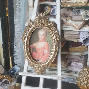 NEW**Dollhouse romantic french frame picture. 1:12 Miniature frame dollhouse print fabric picture. Decor miniature brocante style gold.