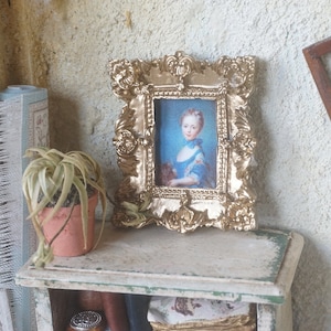 NEW**Dollhouse romantic french frame picture. 1:12 Miniature frame dollhouse print fabric picture. Decor miniature brocante style gold.