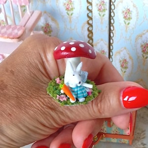 1:12  Little rabbit resting under a mushroom. Children toys for Dollhouses. Dolls for collection. Miniature art dolls.