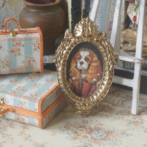 NEW**Dollhouse romantic french frame picture. 1:12 Miniature frame dollhouse print fabric picture. Decor miniature brocante style gold.