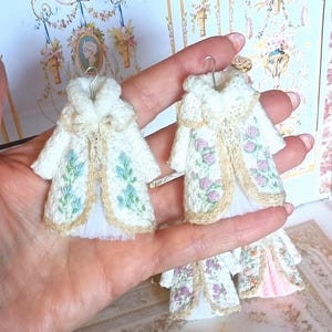 Miniature Girl dress coat embroidered rococo roses by hand. 1:12 Girl embroidered clothing. Miniature coat and dress on hang for dollhouses.