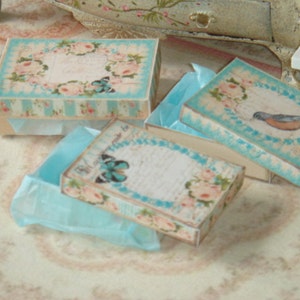 Dollhouse Three Turquoise bird and butterfly hard boxes. 1:12 Miniature old storage boxes for Dollhouse.