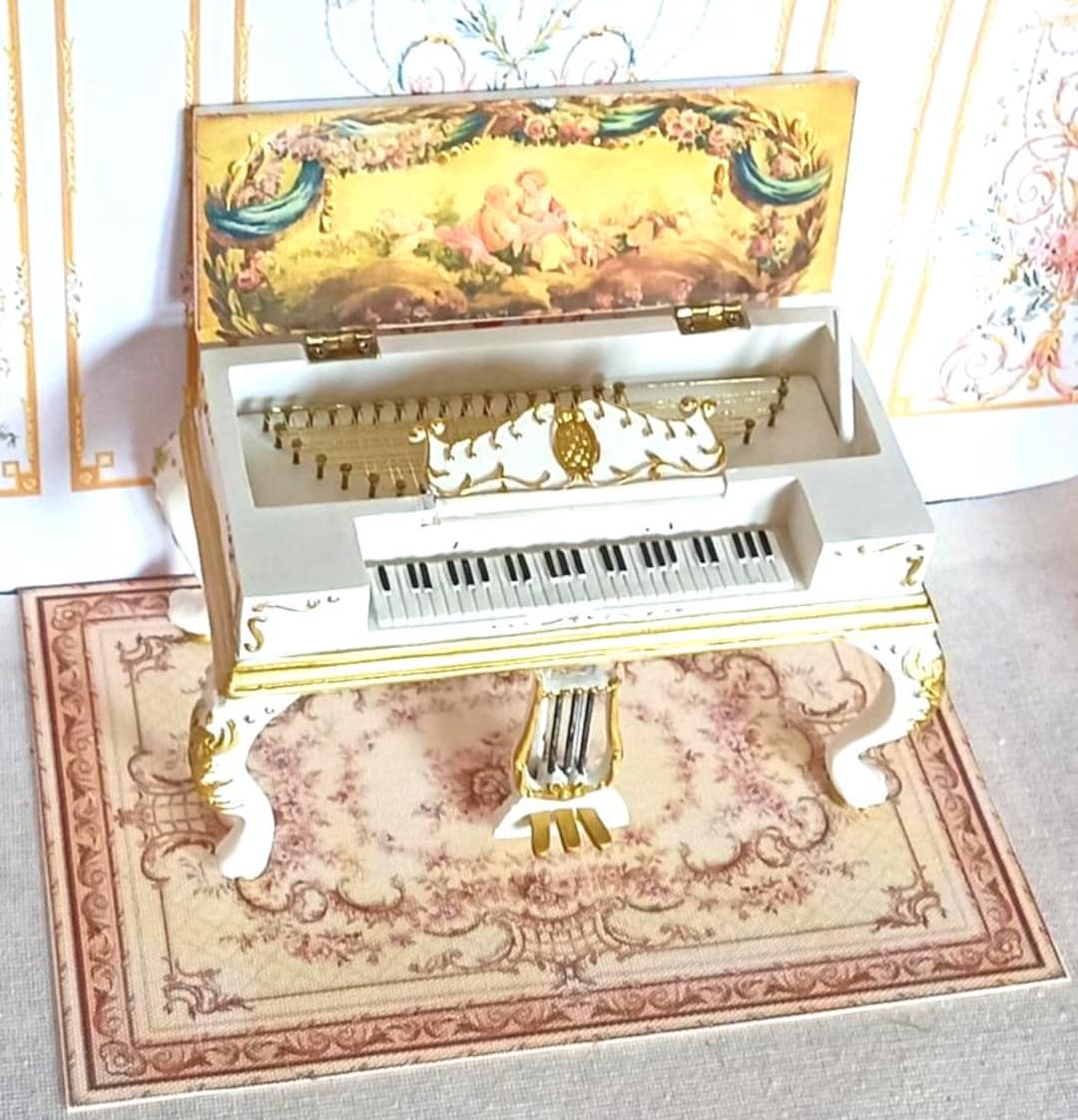 New**dollhouse Frech Clavicorn & Rug. Louis XV Style - Scale 1/12