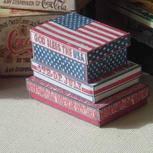 Three Vintage USA patriotic boxes for Dollhouses. 1:12 Dollhouse Miniature boxes.