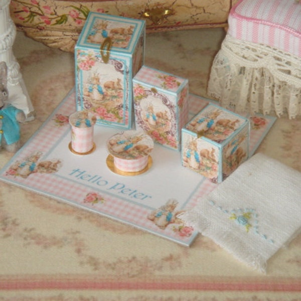 PETER RABBIT Toiletry set of boxes for Dollhouses. 1:12 Peter Rabbit display  Boxes in Miniature for Dollhouses.