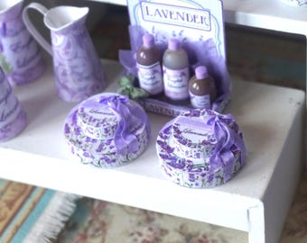 NEW**Dollhouse Two round lavender boxes with romantic bow. 1:12 Miniature  for Dollhouses. Children perfumery for dollhouse Miniature.