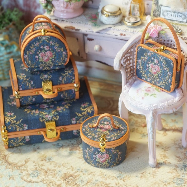 NEW**Dollhouse Miniature romantic suitcase set. Miniature luggage suitcases for dollhouses. 1:12 Miniature luggage Miniature collector.