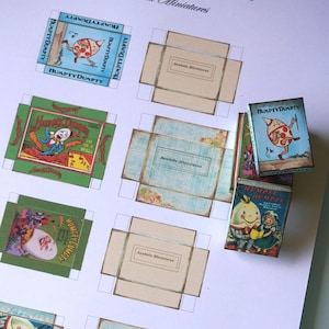 PDF***Downloable Vintage Humptydumtpy color set of boxes. Miniature digital boxes for dollhouse mini collectors.