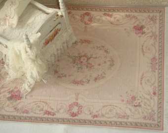 Dollhouse Aubusson rug. 1:12 Dollhouse miniature rugs.  Dense fringle.