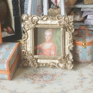 NEW**Dollhouse romantic french frame picture. 1:12 Miniature frame dollhouse print fabric picture. Decor miniature brocante style gold.