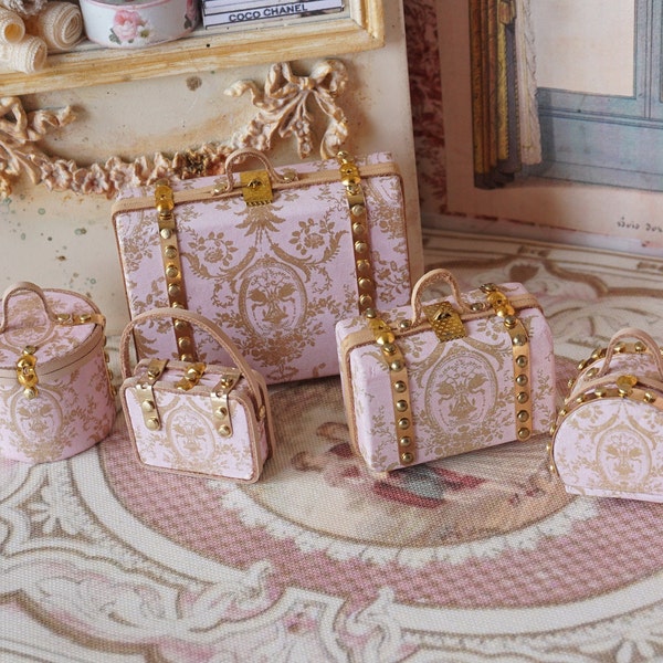 NEW**Dollhouse Miniature romantic suitcase set.Three Miniature luggage suitcases for dollhouses. 1:12 Miniature luggage Miniature collector.