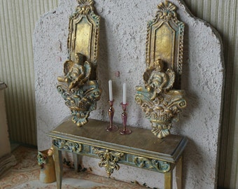 NOUVEAU**Panneaux muraux barroque de brocante de maison de poupée. 1:12 orné lustre miniature shabby français décor rococo bougie maison de poupée.