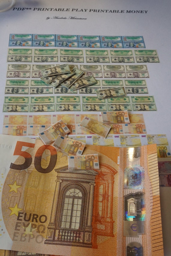 pdf dollhouse play money dollars euros 1 12 digital etsy