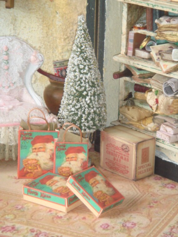 Miniature Dollhouse Christmas Big Tree Fully Decorated With Ornaments and  Gifts. Miniature Christmas Ornaments Vintage Santas Decor. 