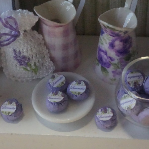 NEW**Dollhouse Miniature lavender soaps. 1:12 Miniature bath complements for dollhouses. Perfumery dollhouse miniature.