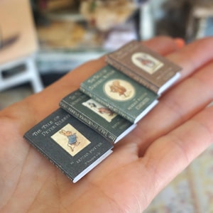 Dollhouse four Beatrix Potter children books. Vintage 1:12 Antique books for Dollhouses. Dollhouse ephemera documents, letters, vintage.