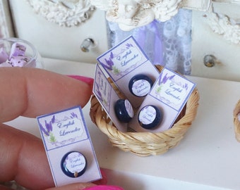 NEW**Dollhouse lavender creams in card. 1:12 Miniature bath complements for dollhouses. Perfumery dollhouse miniature.