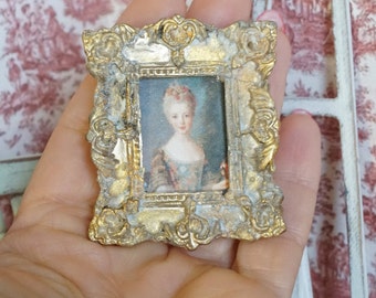 NEW**Dollhouse romantic french frame picture. 1:12 Miniature frame dollhouse print fabric picture. Decor miniature brocante style gold.