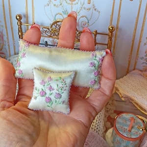 NEW**Dollhouse SET of bed pillow silk embroidered. 1:12 Miniature pillows bed linnen, cushions dollhouse mini collection.