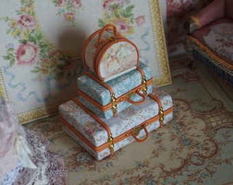 NEW**Dollhouse Miniature shabby suitcase set. Three Miniature luggage suitcases for dollhouses. 1:12 Miniature luggage Miniature collector.