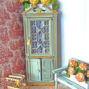 OOAK, Dollhouse shabby vintage Wooden corner cupboard Furniture, Romantic Boudoir, French Dollhouse, 1/12 Scale