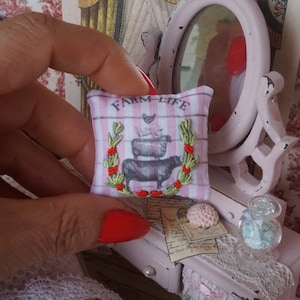 OOAK-Dollhouse Miniature Pillow Roses embroidered by hand. 1:12 Dollhouse Miniature pillow. Miniature hand embroidery cushions.