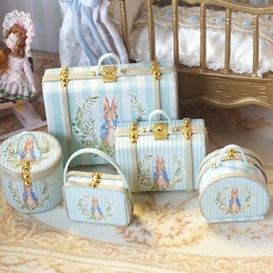 NEW**Dollhouse soft blue children suitcase set.Three Miniature luggage suitcases for dollhouses. 1:12 Miniature luggage Miniature collector.
