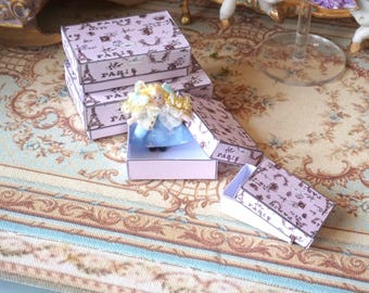 NEW**Dollhouse four Paris Shabby Chic boxes. 1:12 Miniature old storage boxes for Dollhouse. Mini shabby complements dollhouse paris style.