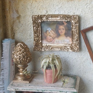 NEW**Dollhouse romantic french frame picture. 1:12 Miniature frame dollhouse print fabric picture. Decor miniature brocante style gold.