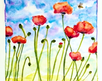 BEEfriendly - Poppies.  Original Watercolor Painting.  5x5 paper.  FREE Shipping