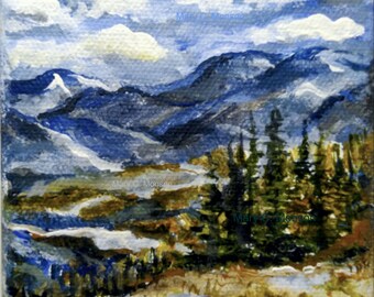 Far Beyond - mountain landscape - 4x4 Original - Hand painted - Signed - FREE Shipping