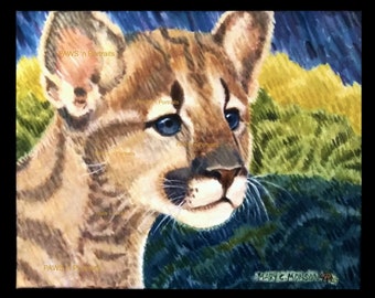 Mountain Lion Cub - Hand painted, black frame - Original- FREE Shipping