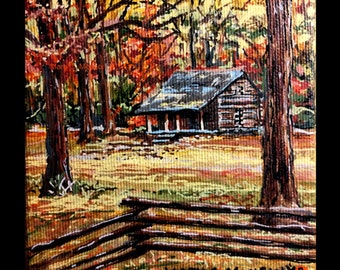 Little Cabin in the Woods - 4x4 Original - Hand painted - Signed - FREE Shipping