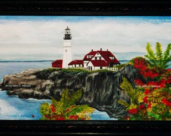 LIGHTHOUSE - Portland, ME - 12"x24" Original Painting - Framed - Signed by artist - FREE Shipping