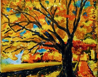 Autumn - 4x4 Original - Hand painted - Signed - FREE Shipping