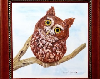 Rosie - Eastern Screech Owl Red Morph - ORIGINAL - hand painted portrait - framed - FREE S/H
