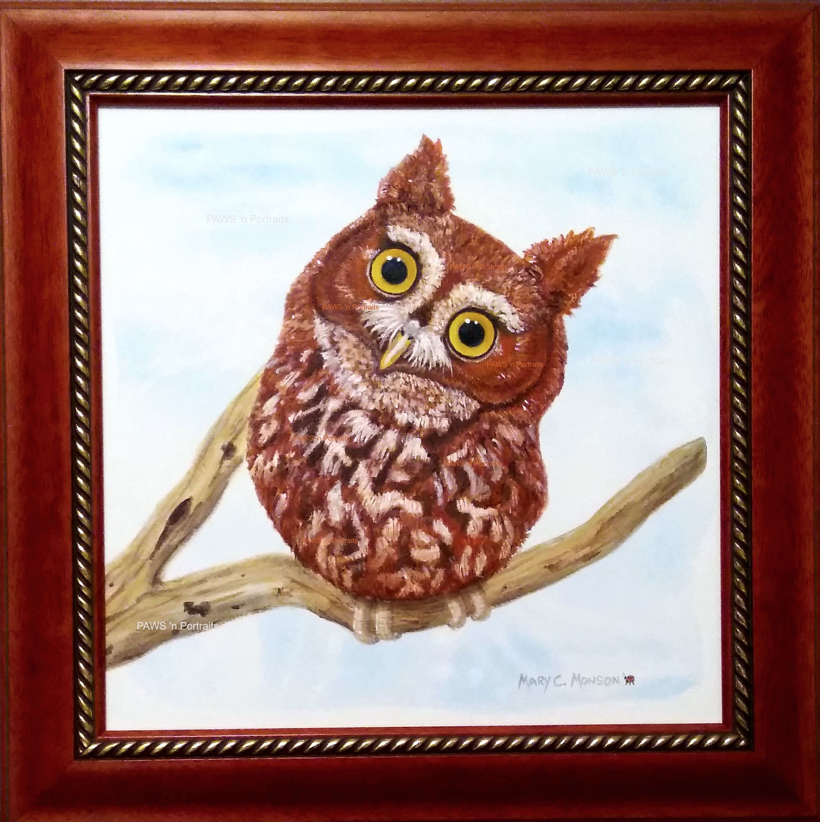 Rosie - Eastern Screech Owl Red Morph - ORIGINAL - hand painted portrait - framed - FREE S/H
