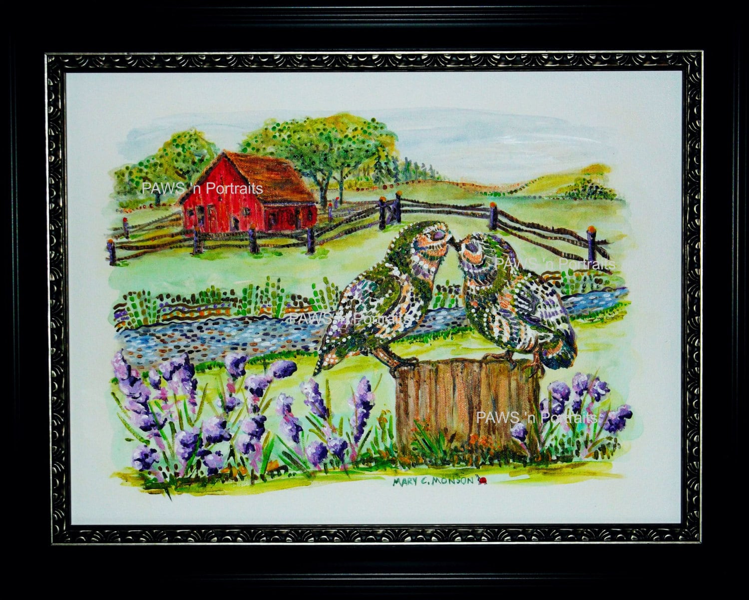 Burrowing Owls kiss "Hello you" - Red Barn - Lavender 12x16 ORIGINAL painting - Signed - F