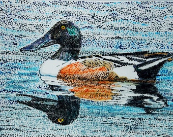 Northern Shoveler Duck Original portrait - Pointillism style with mat - FREE Shipping