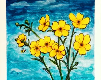 BEEfriendly - Buttercups Original in Ink & Watercolor 5x5 paper.  FREE Shipping