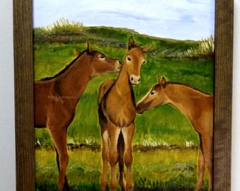 Getting Acquainted - 3 Foals 12x16 framed Original, Hand-painted - FREE shipping USA