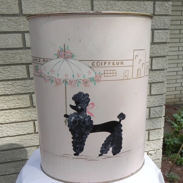 Vintage Pink Metal Hand Painted Poodle Wastebasket