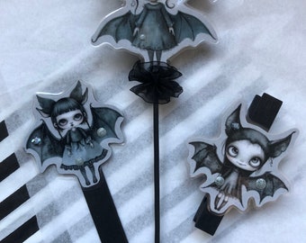 gothic vampire bat fairy flower or plant pot decorations and matching peg with glitter and glow in dark detail