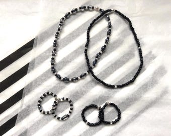 prisoner cell block H - black dark grey and clear bead bracelet and toe ring/ring set