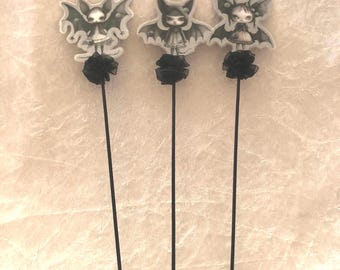 gothic vampire bat fairy flower or plant pot decorations with glitter and glow in dark & ribbon detail
