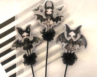 gothic vampire bat fairy flower or plant pot decorations with glitter and glow in dark detail